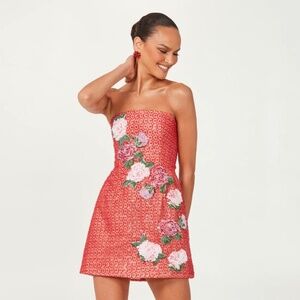 NWT Helsi Frida Beaded Strapless Mini Dress With Floral Appliqué in Red Sz Small